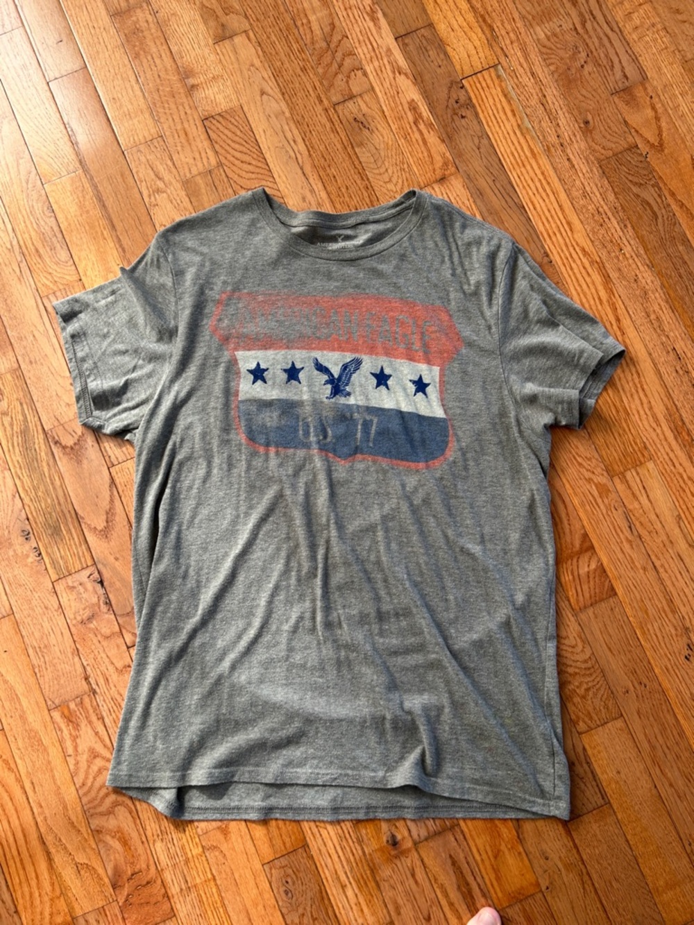 American Eagle Outfitters Gray Graphic Short Sleeve Tee with Red and Blue Logo